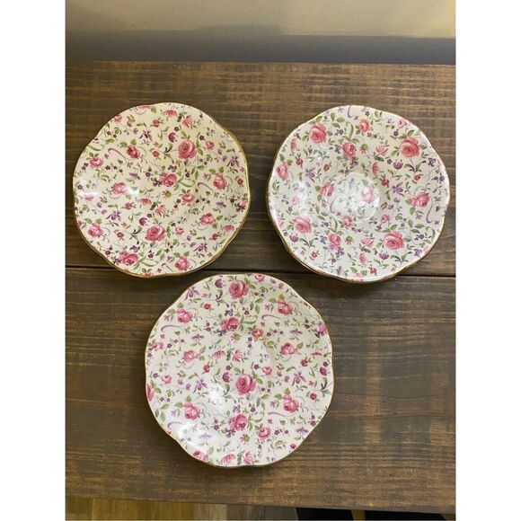 Rosina 5” Bone China teacup saucer, Made in England Chintz pattern set of 3 - Picture 15 of 16
